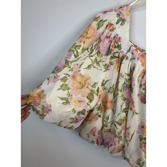 ANTHROPOLOGIE Babydoll Balloon Top Women Medium Floral Chiffon Square Neck Crop - Picture 6 of 12
